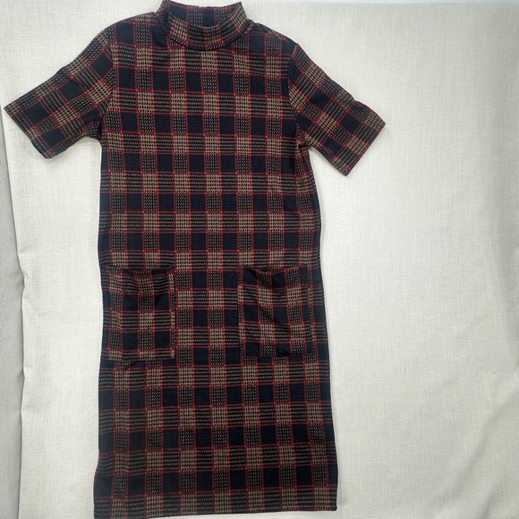 Zara Dresses & Skirts - Zara Woman Plaid Mock Neck Sheath Dress Size Large Short Sleeve Pockets Knit L